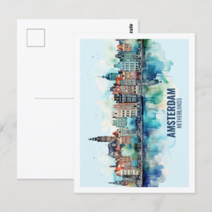 Amsterdam Nederländska Berömden Travel Watercolor Vykort