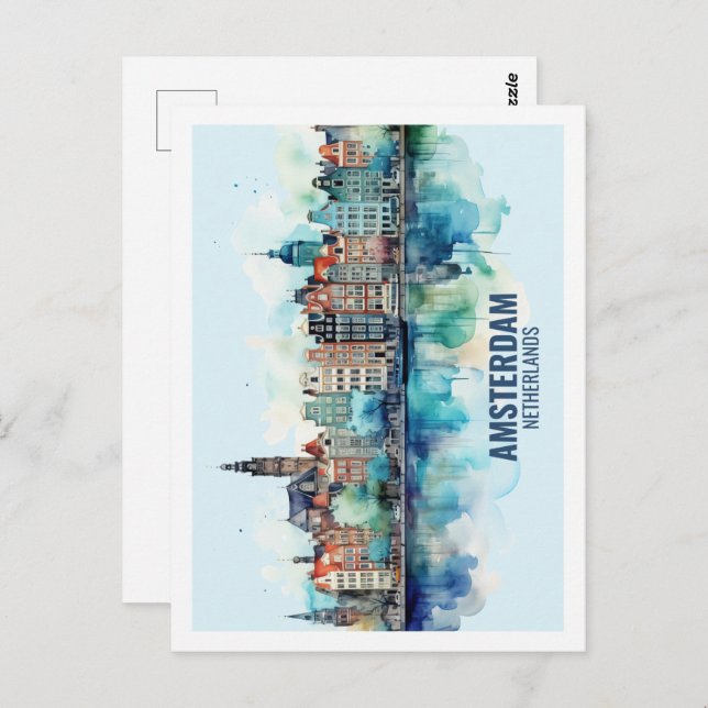 Amsterdam Nederländska Berömden Travel Watercolor Vykort (Fram/baksida)