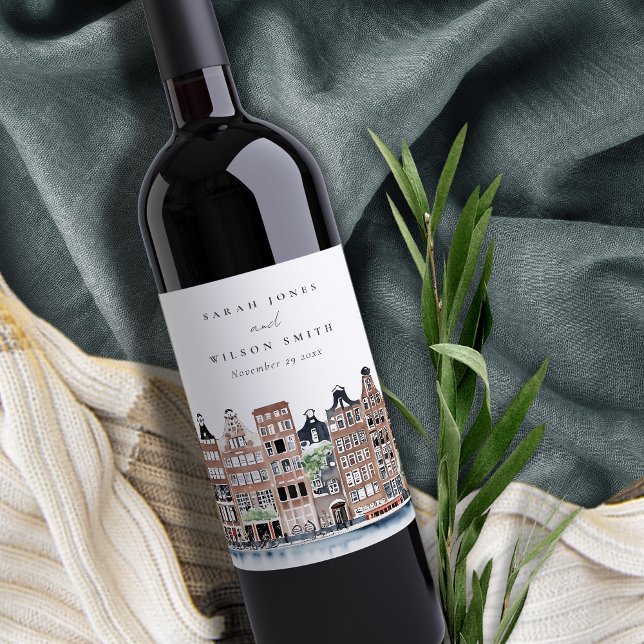 Amsterdam Nederländska kanalen Watercolor Ligcape  Vinflaska Etikett (Skapare uppladdad)