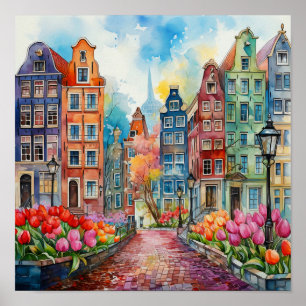 Amsterdam Nederländska vattenfärgsmålning Poster