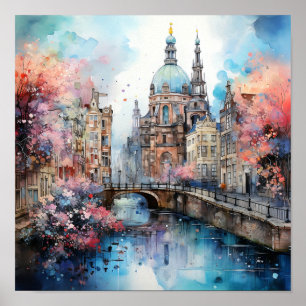 Amsterdam Nederländska vattenfärgsmålning Poster