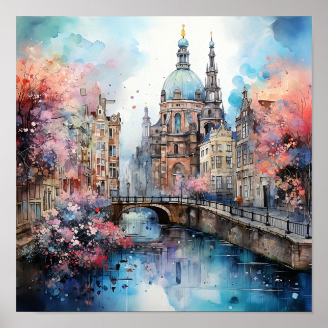 Amsterdam Nederländska vattenfärgsmålning Poster (Framsidan)