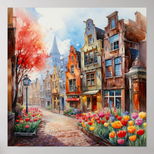 Amsterdam Nederländska vattenfärgsmålning Poster