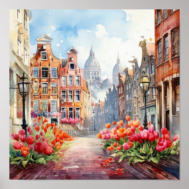 Amsterdam Nederländska vattenfärgsmålning Poster (Framsidan)