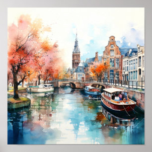 Amsterdam Nederländska vattenfärgsmålning Poster