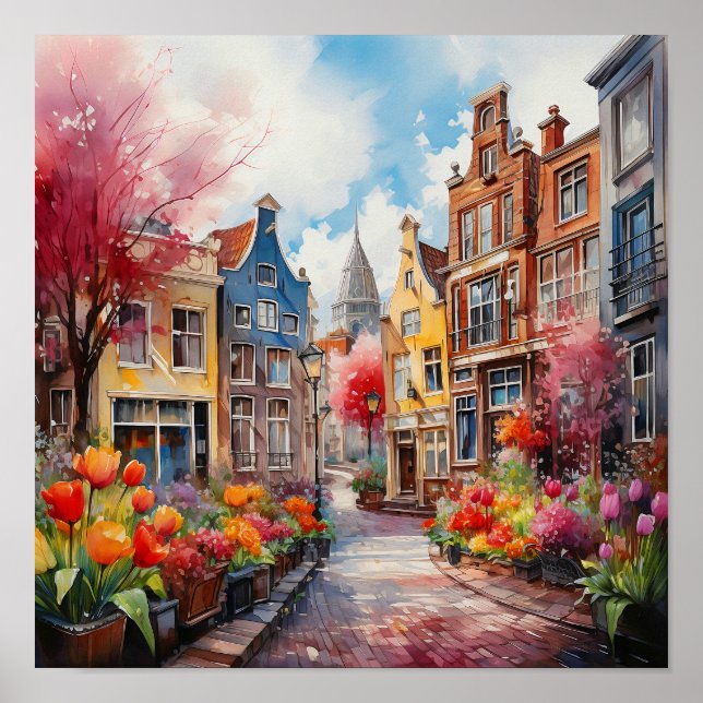 Amsterdam Nederländska vattenfärgsmålning Poster (Framsidan)