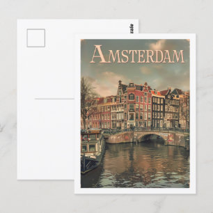 Amsterdam Nederländska Vintagen Berömd Travel Stäl Vykort