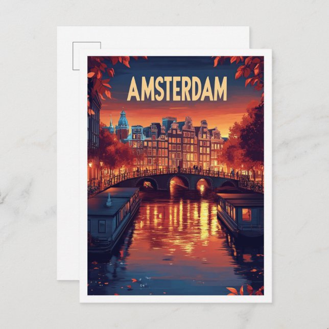 Amsterdam Nederländska Vintagen Illustration Trave Vykort (Fram/baksida)