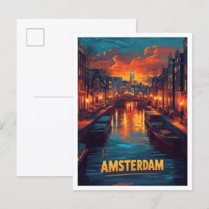 Amsterdam Nederländska Vintagen Illustration Trave Vykort