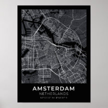 Amsterdam Netherlands Black City Karta Poster