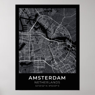 Amsterdam Netherlands Black City Karta Poster