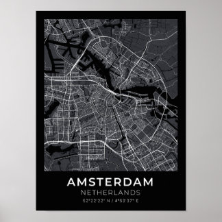 Amsterdam Netherlands Black City Karta Poster