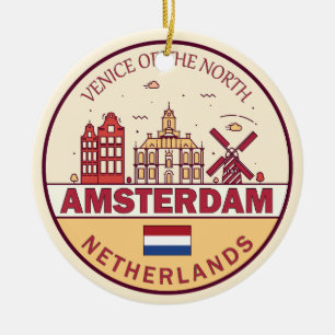Amsterdam Netherlands City Skyline Emblem Julgransprydnad Keramik