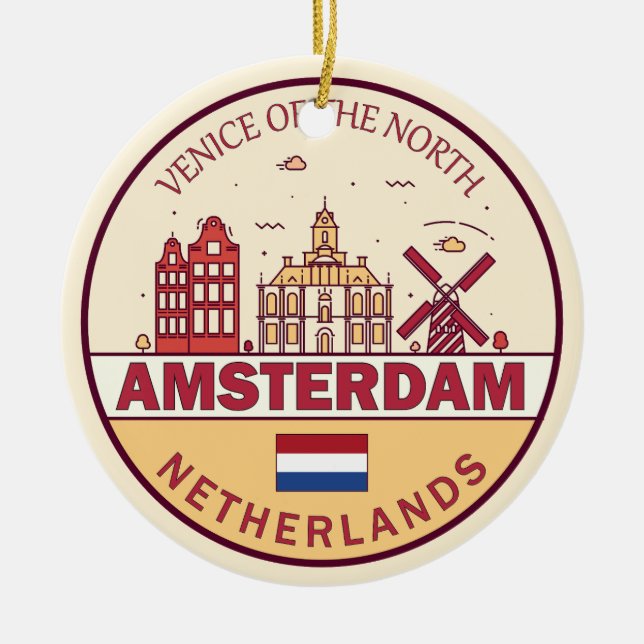 Amsterdam Netherlands City Skyline Emblem Julgransprydnad Keramik (Framsidan)