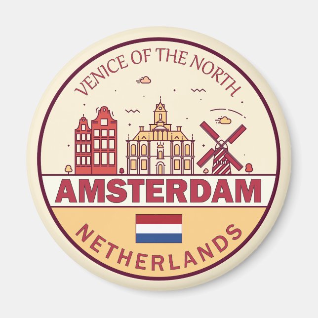 Amsterdam Netherlands City Skyline Emblem Magnet (Framsidan)