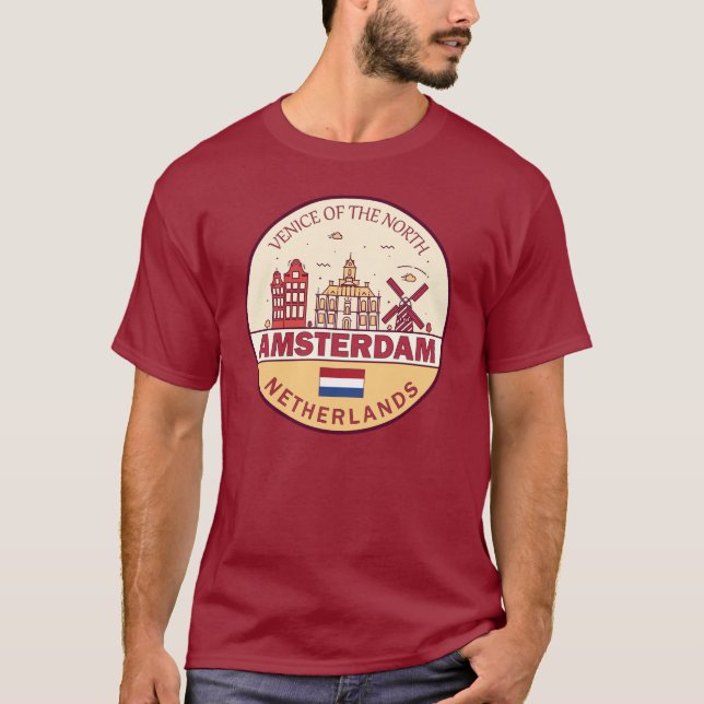 Amsterdam Netherlands City Skyline Emblem T Shirt (Framsida)
