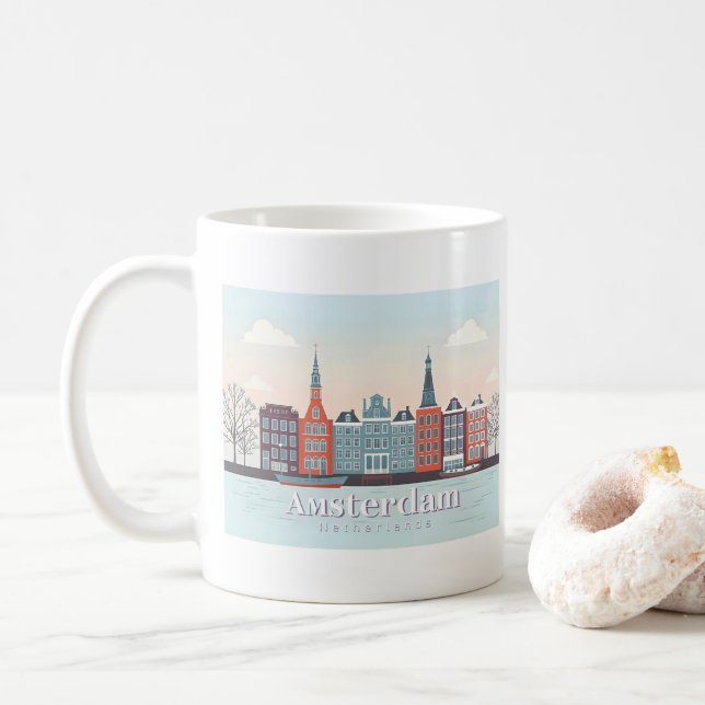 Amsterdam Netherlands Damrak Pastel Travel Design Kaffemugg (Med munk)