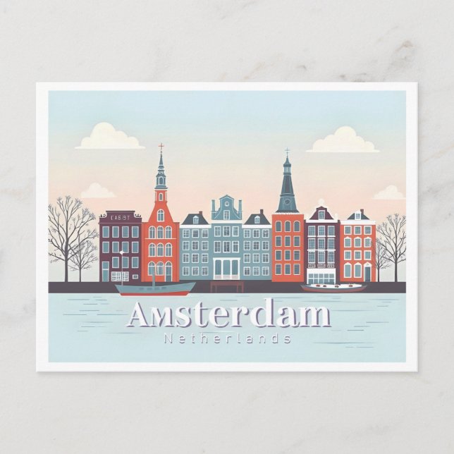 Amsterdam Netherlands Damrak Pastel Travel Design Vykort (Framsida)