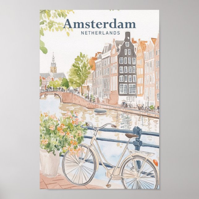Amsterdam Netherlands Gouache Illustration Travel Poster (Framsidan)