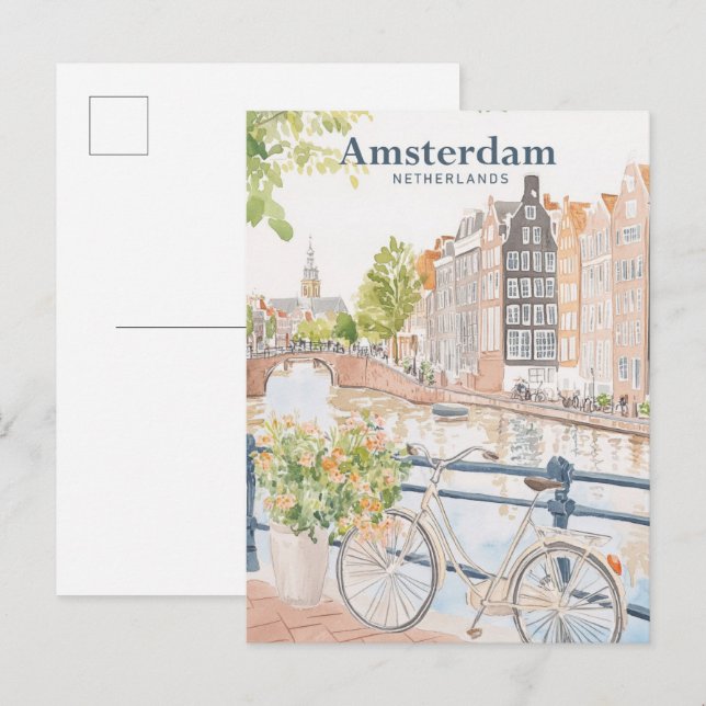 Amsterdam Netherlands Gouache Illustration Travel Vykort (Fram/baksida)