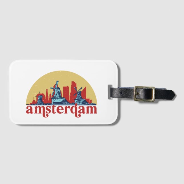 Amsterdam Netherlands Retro City Skyline Cityscape Bagagebricka (Framsida horisontal)