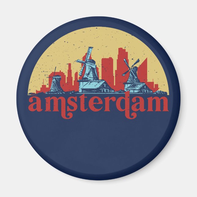 Amsterdam Netherlands Retro City Skyline Cityscape Magnet (Framsidan)