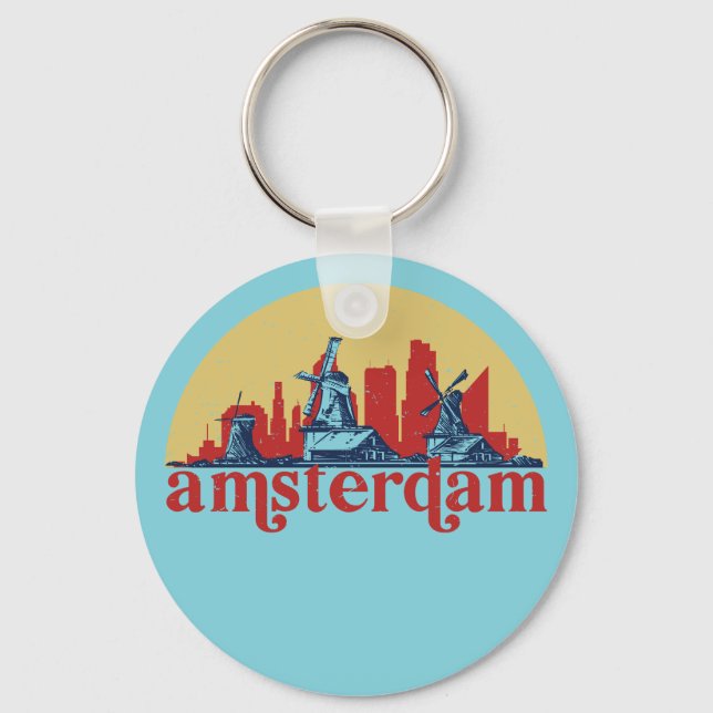 Amsterdam Netherlands Retro City Skyline Cityscape Nyckelring (Framsida)