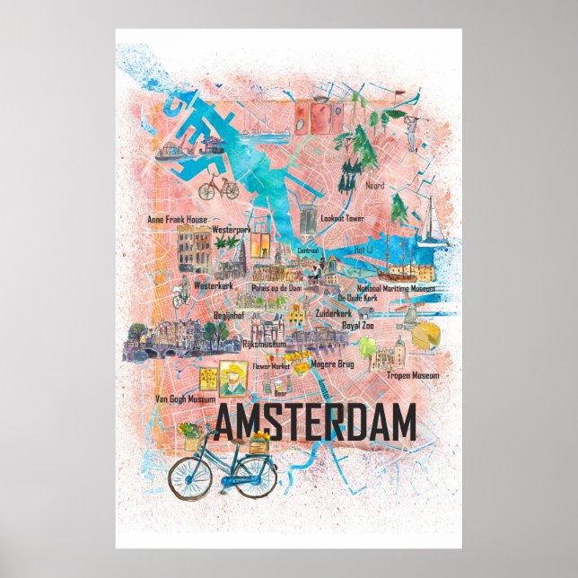 Amsterdam Netherlands Travel City Karta Poster (Framsidan)
