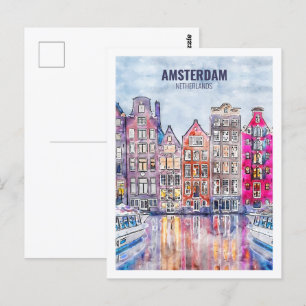 Amsterdam Netherlands Travel Watercolor Sketch Vykort