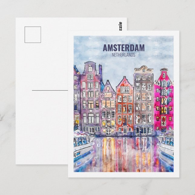 Amsterdam Netherlands Travel Watercolor Sketch Vykort (Fram/baksida)