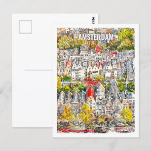Amsterdam Netherlands Travel Watercolor Sketch Vykort