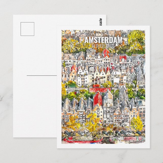 Amsterdam Netherlands Travel Watercolor Sketch Vykort (Fram/baksida)