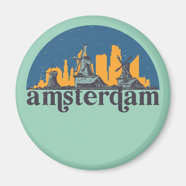 Amsterdam Netherlands Vintage City Skyline Magnet (Framsidan)