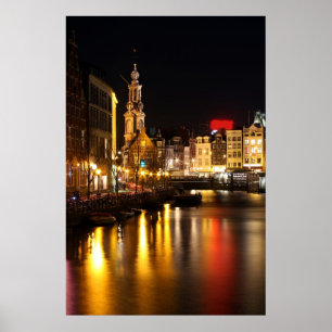 Amsterdam på natten i Amsterdam Nederländerna Poster