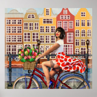 Amsterdam Poster: Pin-Up Girl Cycling. Poster