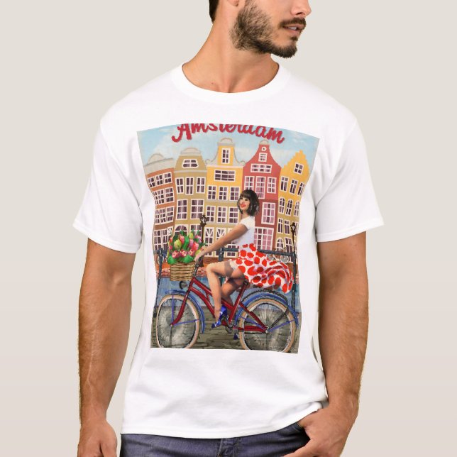 Amsterdam Poster: Pin-Up Girl Cycling. T Shirt (Framsida)