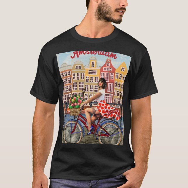 Amsterdam Poster: Pin-Up Girl Cycling. T Shirt (Framsida)