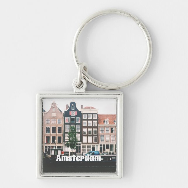 Amsterdam Resminnen Fyrkantig Silverfärgad Nyckelring (Framsidan)