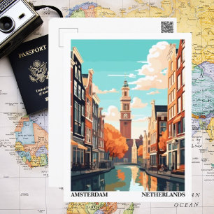 Amsterdam Retro Illustration Travel Vykort