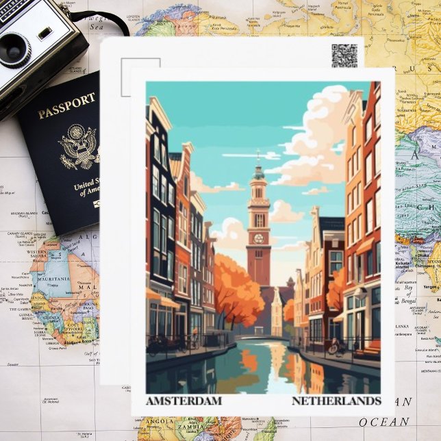 Amsterdam Retro Illustration Travel Vykort (Amsterdam Illustration Postcard )