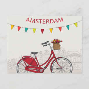 Amsterdam, röd cykel på gatan, illustration vykort