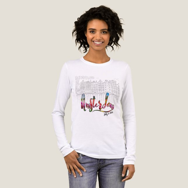 Amsterdam Siluett med Blommig Typologi T Shirt (Hel framsida)