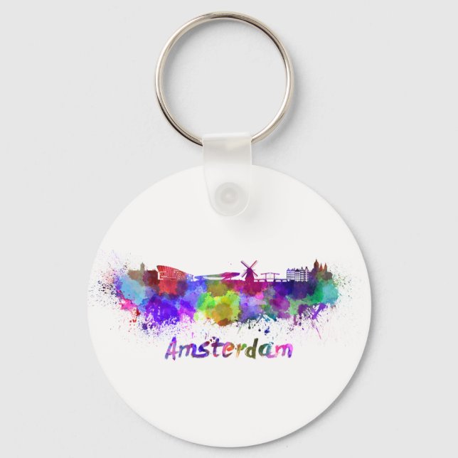 Amsterdam skyline in watercolor nyckelring (Framsida)
