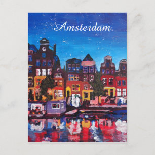 Amsterdam Skyline med kanal på natten Vykort