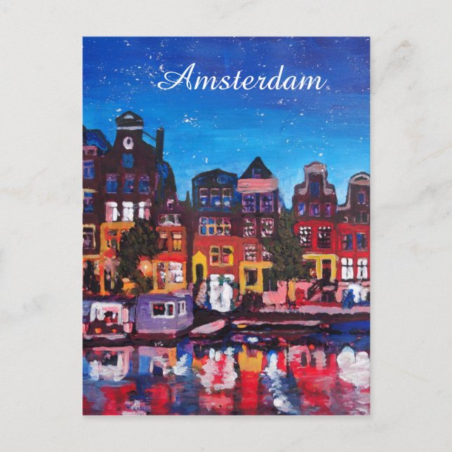 Amsterdam Skyline med kanal på natten Vykort (Framsida)