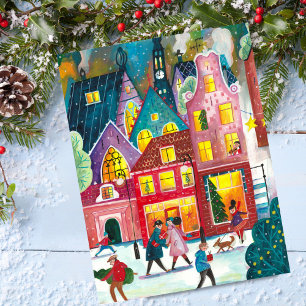Amsterdam stad i snö illustration jul helg vykort