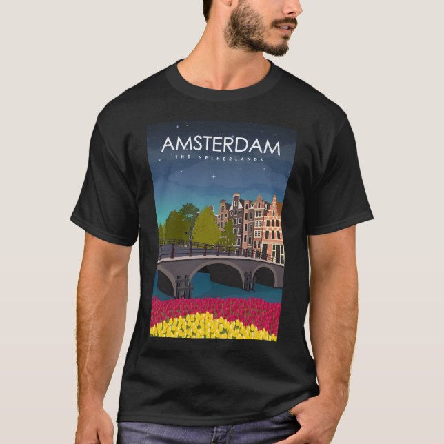Amsterdam Travel Poster på natten T Shirt (Framsida)
