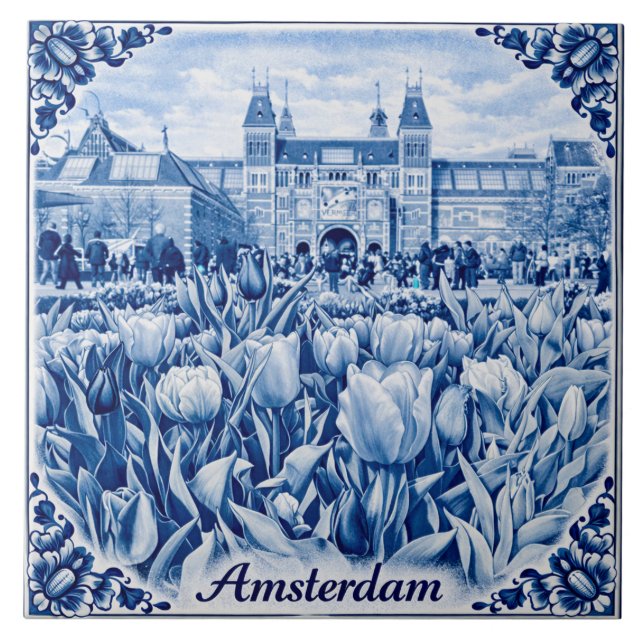 Amsterdam tulips Delft Blue style tile Kakelplatta (Framsidan)