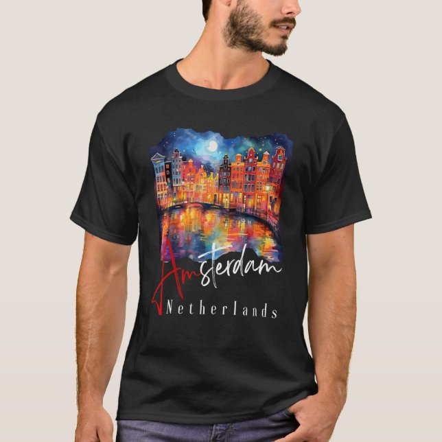 Amsterdam vid nattmålning - Nederländerna - Amster T Shirt (Framsida)