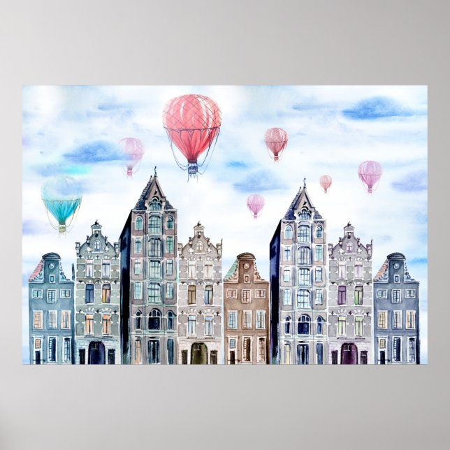 Amsterdam with hot air balloon poster (Framsidan)
